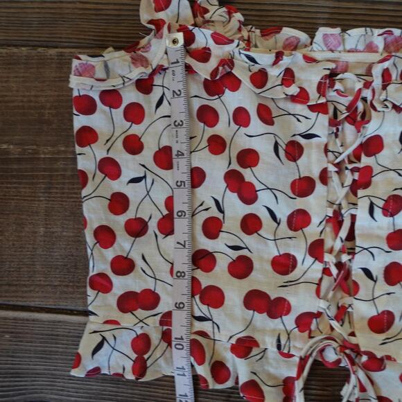 Reformation Corset Bustier Crop Top 10 White Red Cherry Print Linen Lace Up Tank - Picture 6 of 12